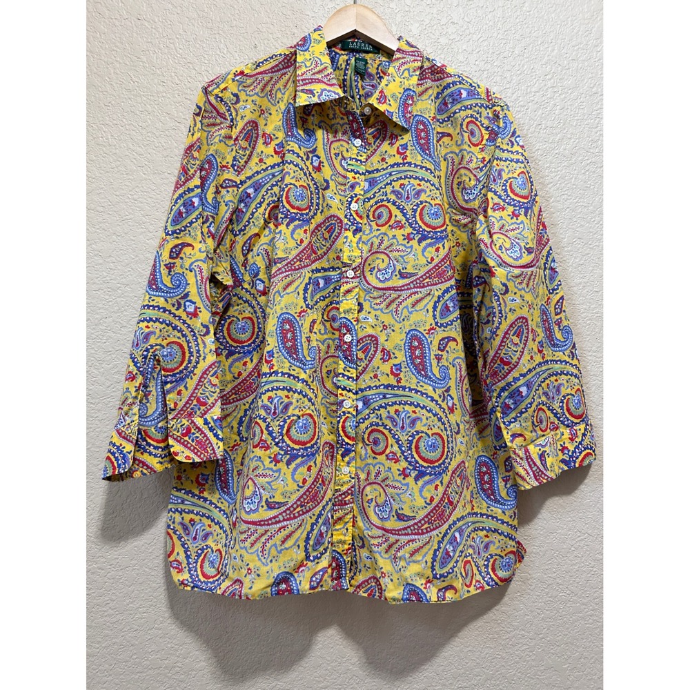 Lauren Ralph Lauren 2X Paisley Button Down Shirt Yellow 3/4 Sleeve Cotton Top